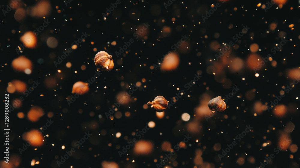 Poster Falling cloves on a dark brown background with soft light effect