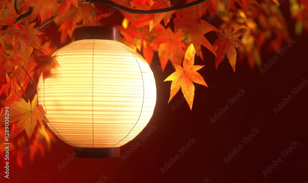 Poster glowing lantern hanging from autumn maple tree on red background