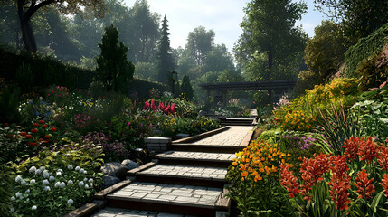Sunlit Garden Path with Colorful Flowers and Stone Steps