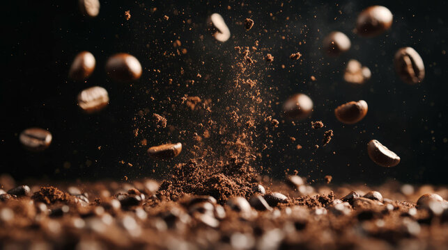 Dynamic background of falling coffee grounds with dark brown beans for cafe theme design