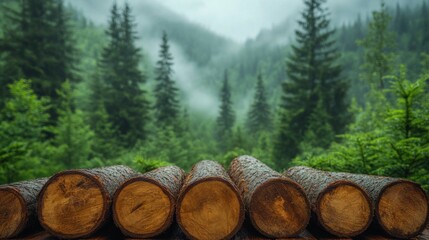 Stacked logs in misty mountain forest (1)