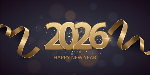 Happy New Year 2026. Golden numbers with ribbons and confetti on a dark background with bokeh lights.