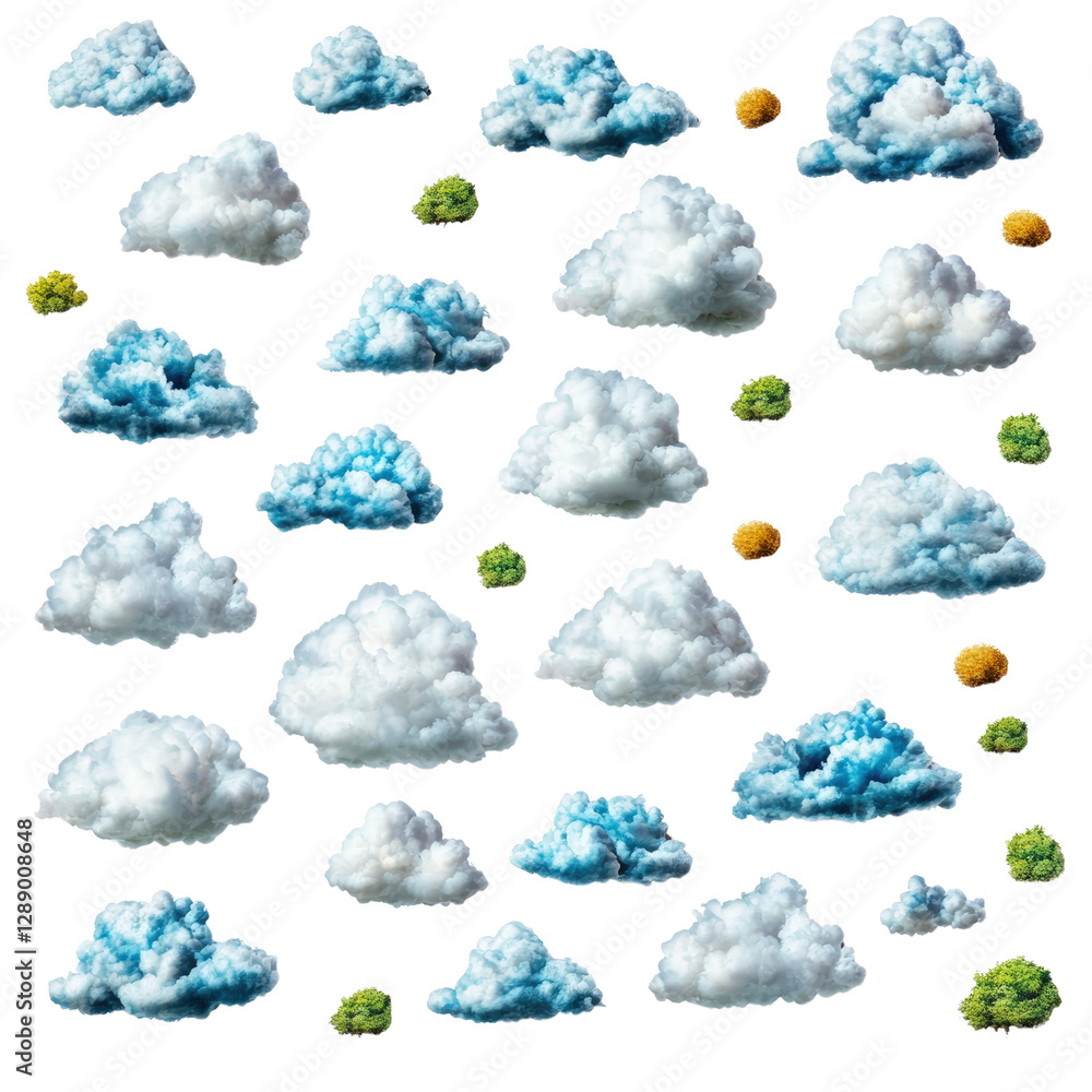 Poster variety of cloud shapes in a blue sky displaying different textures and patterns during daytime isol
