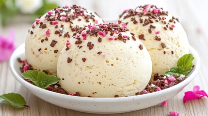 Creamy vanilla ice cream scoops with chocolate sprinkles, served on a plate.  Food photography for recipe blogs