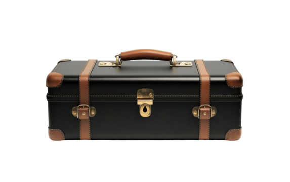 Black vintage leather suitcase on transparent or white background,png