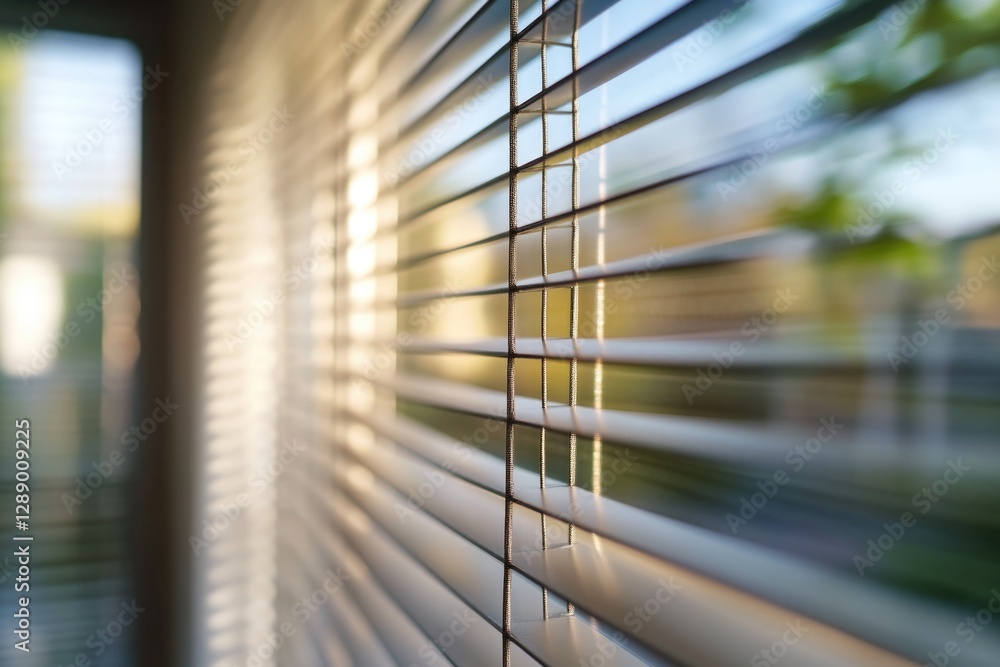 Poster Close-up view of a window with blinds partially opened, showing the texture and pattern