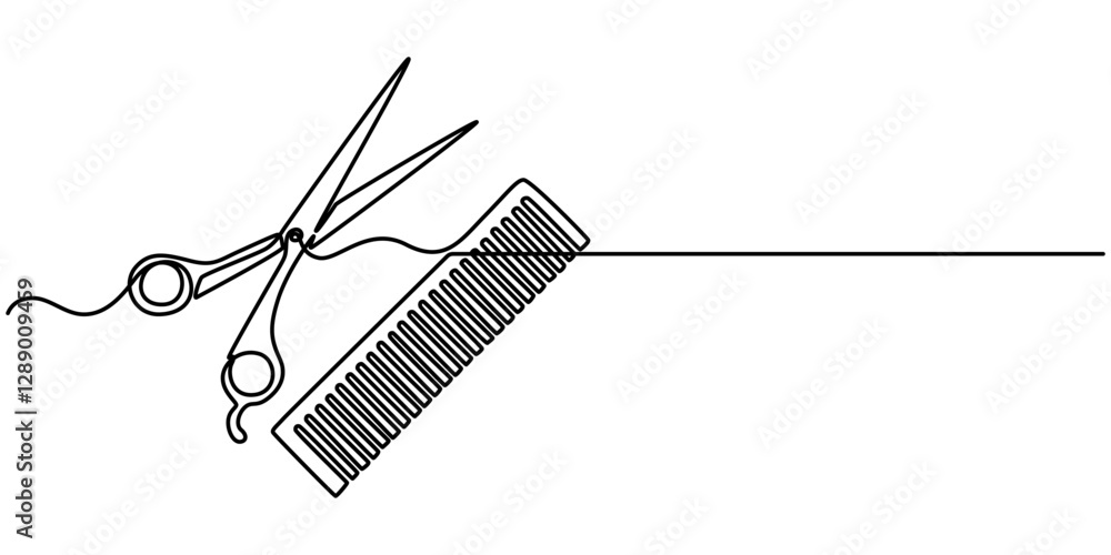 Poster set of scissors and comb one line continuous drawing vector illustration, scissors and comb business