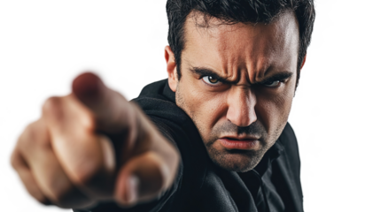 Man with fierce and serious character with angry expression and pointing finger at camera isolated on transparent background
