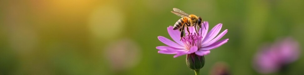A delicate golden bee hovering around a solitary purple wildflower, colors, golden bee