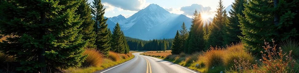 Forest road winding through trees with a mountain range in the background, trees, clouds