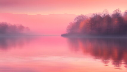 Fototapeta premium Serene pink sunset over a calm lake with misty reflections and autumn trees.