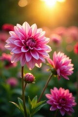 Obraz premium Pink dahlias unfurl their delicate petals in the sun, colorful flowers, flowering plants, floral garden