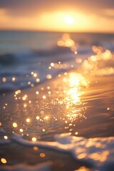 A serene sunset scene with the sun dipping into the calm ocean, ideal for travel or relaxation-themed projects