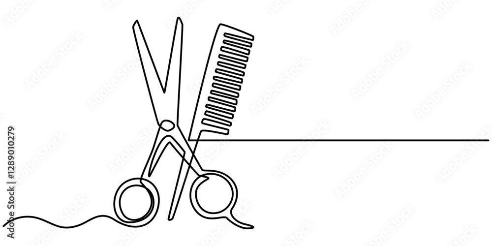 Poster set of scissors and comb one line continuous drawing vector illustration, scissors and comb business
