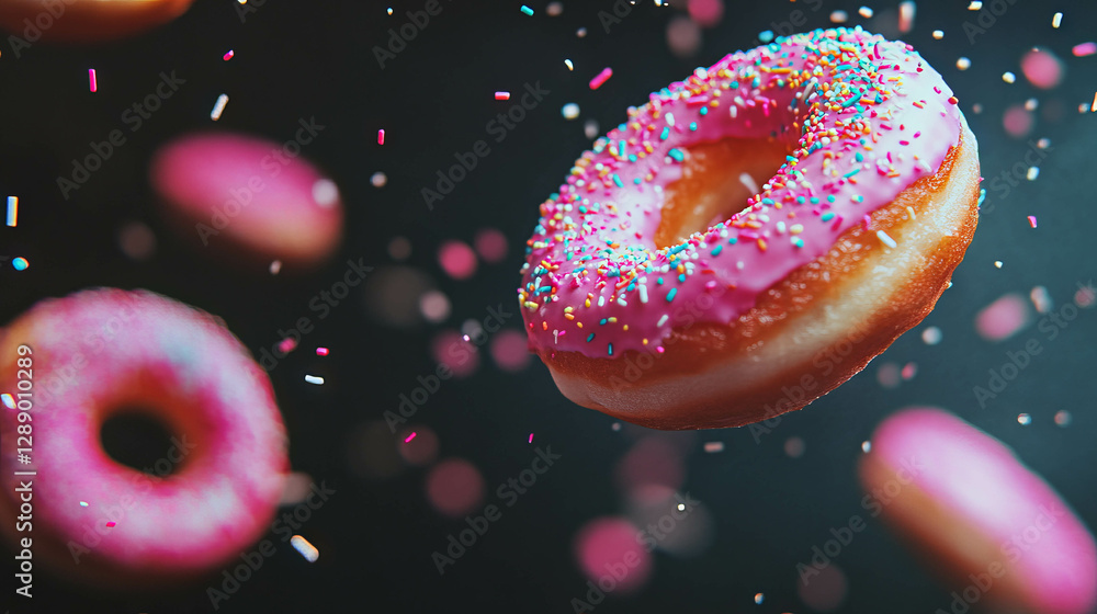 Poster Delightful floating donuts with colorful sprinkles on a dark background