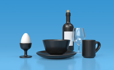3D rendering of serving dishes. A bottle of wine, a wine glass, a plate, a cup, a mug and a poached egg. Cartoon minimalistic style