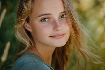 Naklejka premium A young girl poses for a photo, her bright blue eyes capturing attention