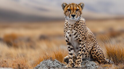 Cheetah Sitting on Rock in African Savanna