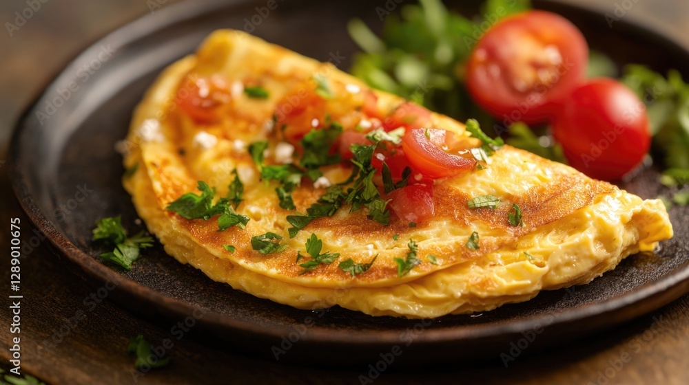 Poster a freshly cooked omelet served with sliced tomatoes and parsley on a plate