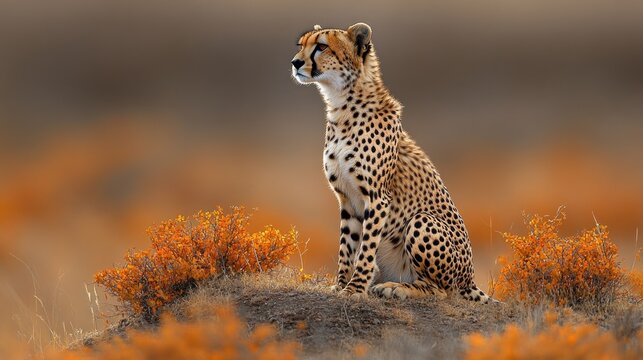 Cheetah sits atop African savanna hill