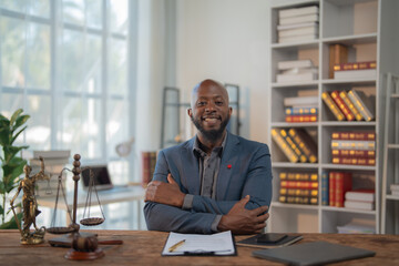 Smiling African American lawyer sitting at his desk with crossed arms in a legal office, featuring Lady Justice, a gavel, and law books in the background