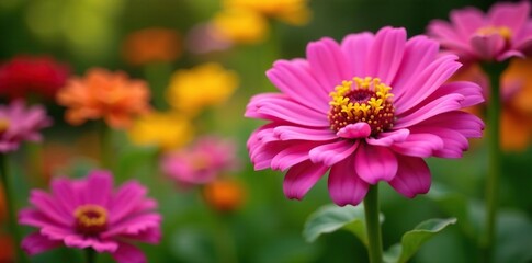 Obraz premium Pink giant zinnia flowers in a lush garden with other colorful flowers, summer, pink