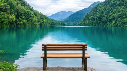 A tranquil lakeside scene featuring a wooden bench overlooking crystal-clear water surrounded by lush greenery and mountains.