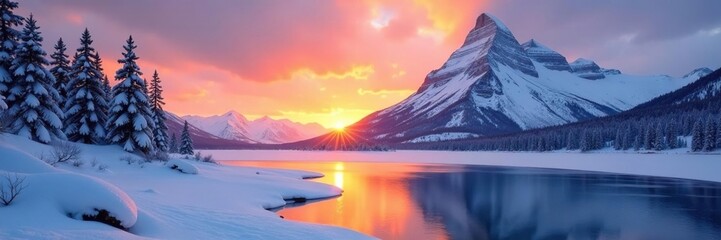 Fototapeta premium Snowy peak at sunset with a frozen lake in the foreground, sun, winter, lake