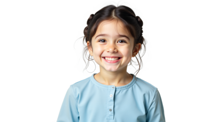 Smiling girl portrait, happy expression, isolated on transparent background. Cheerful child, fair skin, brown hair. Studio shot for versatile design use.