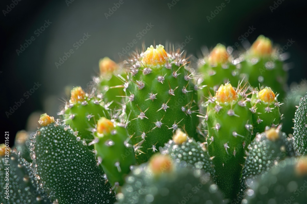 Poster a close-up shot of a cactus plant with water droplets on its surface, ideal for use in nature and en