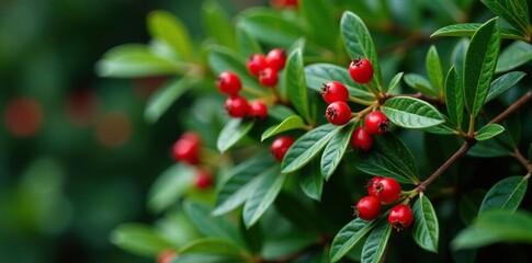 Low-growing evergreen shrub with red berries and needle-like leaves, Shrub, Red berries
