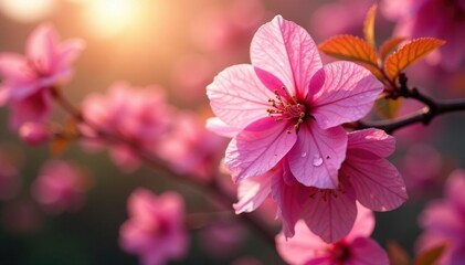 Obraz premium Pink Crepe Myrtle blossoms in the early morning light with dew drops, botanical, pink