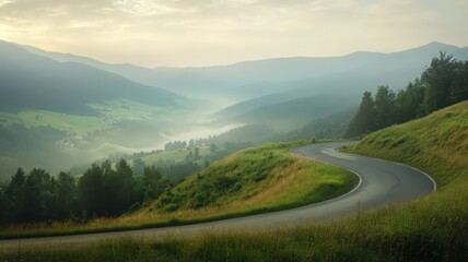Serpentine road winding through a misty mountain valley at sunrise. Lush green hills and valleys are visible in the soft morning light