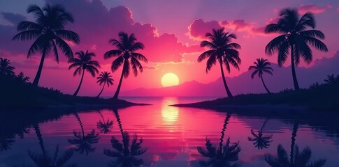 Obraz premium Silhouetted coconut palm trees reflected in calm water at twilight, twilight, palms