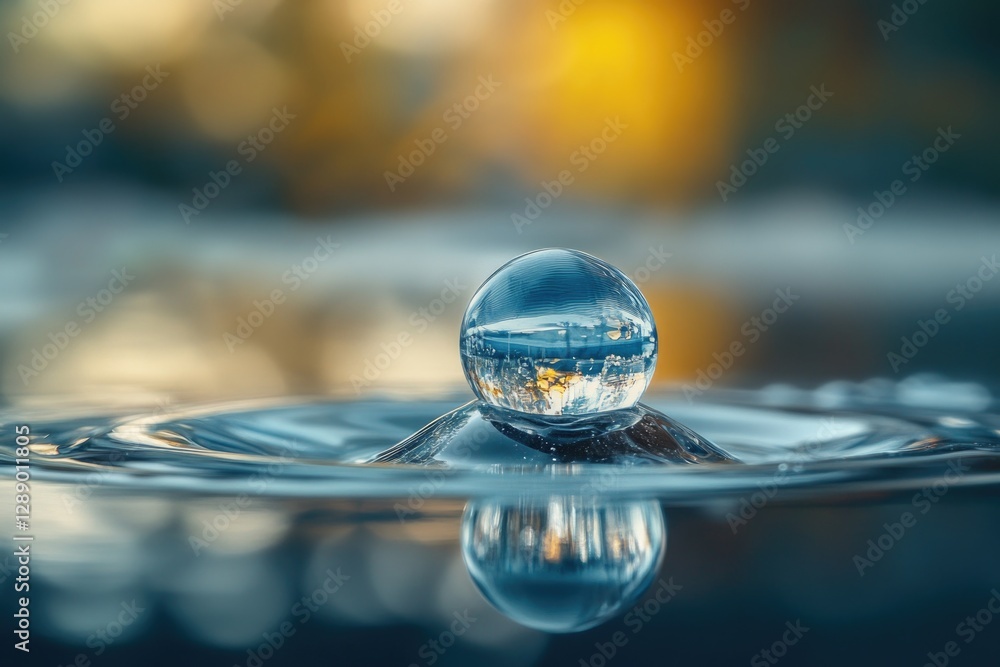Poster a close-up view of a single water droplet sitting on the surface of calm water