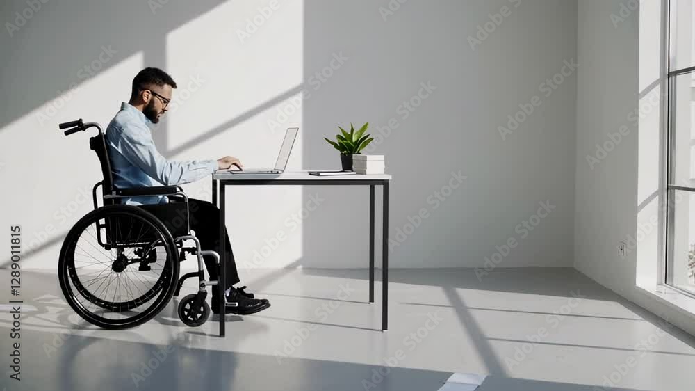 Poster office worker using a laptop at his desk, sunlight streaming through a nearby window, demonstrating 