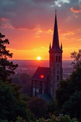 Obraz premium Sunset illumination on the church tower and surroundings, perspective, Eilenburg, sunrise