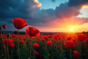 Sunny red poppies against a deep blue and darkening sky at dusk, flower, sky, nature