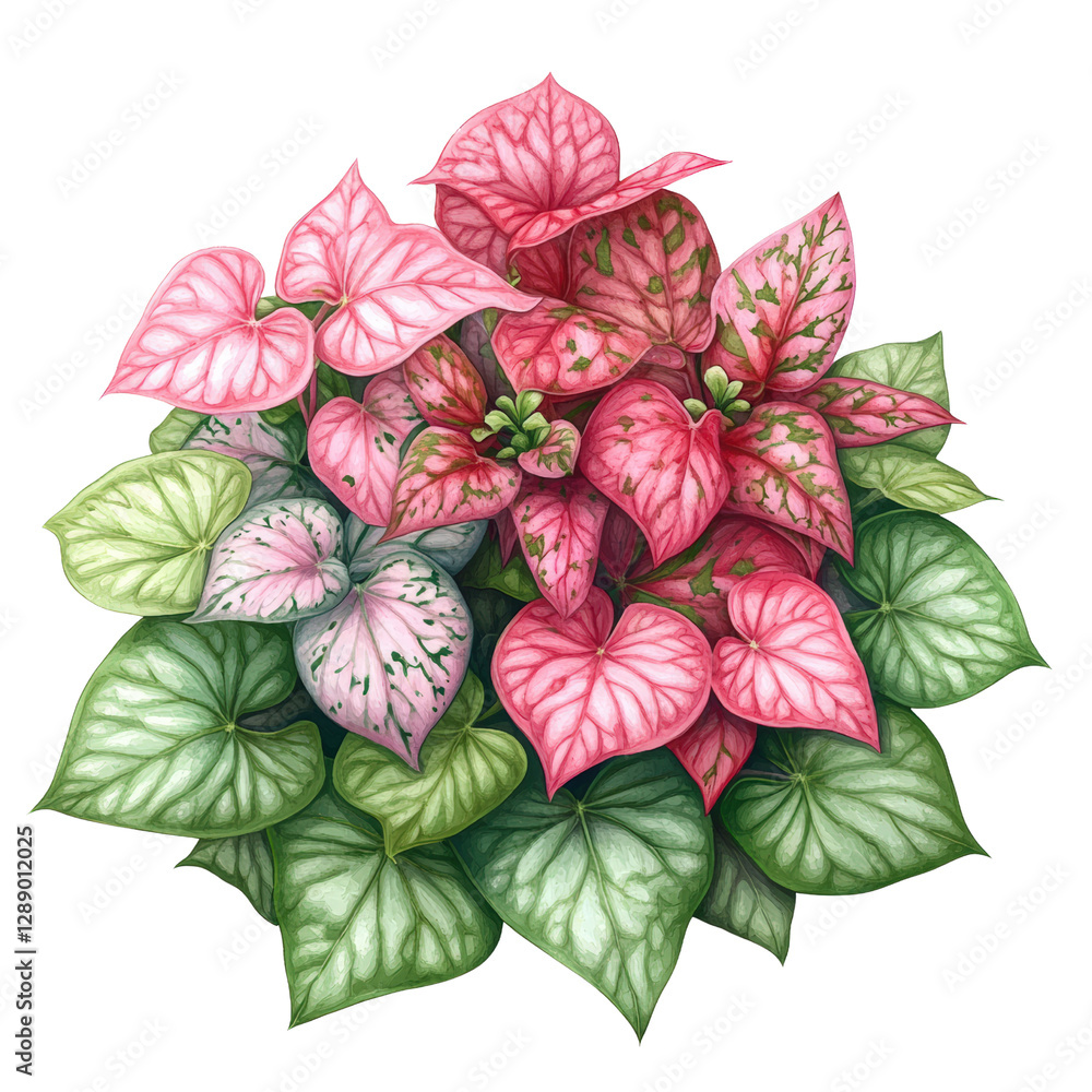 Poster bunch of pink and green leaves with varied shapes and textures in natural setting isolated on transp
