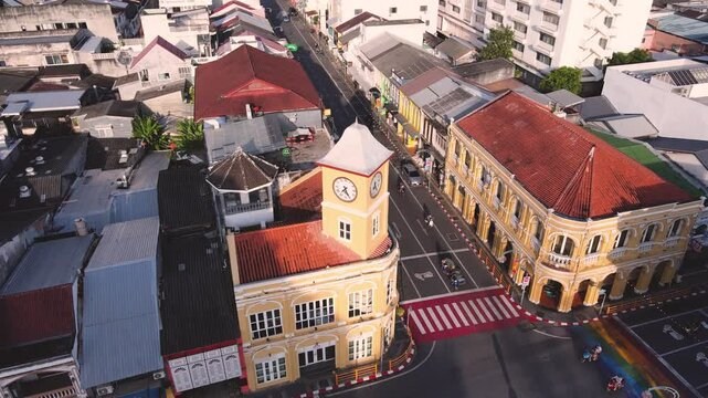 Drone footage Aerial view of Phuket Old Town night market at sunset, in Phuket, Thailand  Sino-Portuguese Architecture The morning is sunny, the weather is nice, and it's a nice place to visit.