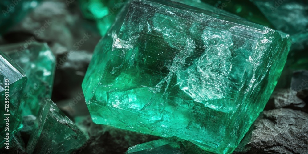 Poster a close-up shot of a vibrant green crystal sitting on top of a pile of rocks, perfect for use in sci