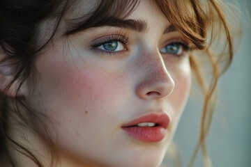 A close-up shot of a young woman with piercing blue eyes
