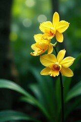 Fototapeta premium Sunny yellow orchids in a lush tropical garden, exotic,