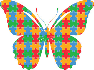 Isolated puzzle vector Butterfly background for world autism awareness day, heart, ribbon icon design template set. World autism day colorful love frame design bundle