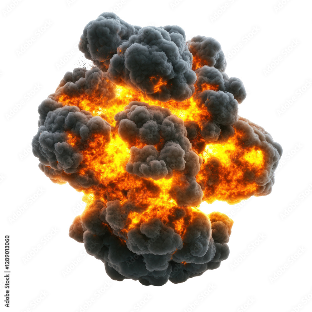 Poster large explosion creating clouds of black and orange smoke against a clear sky background isolated on