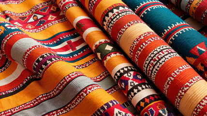 Vibrant woven fabric with tribal motifs, cultural significance