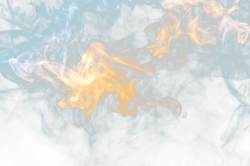 Abstract swirling smoke, teal and orange hues on Transparent  background.