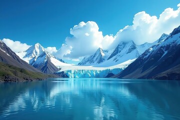 Snowy mountains with glaciers and clouds in a glacier blue sky, blue, nature