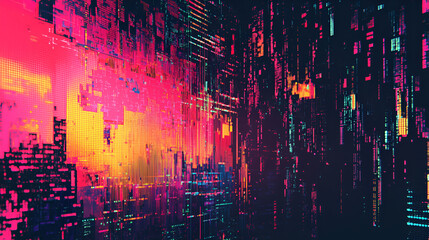 Digital pixel background with glitch effects in bright neon colors over dark tones