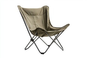 A foldable camping chair with a fabric seat and metal frame, open and ready, isolated on a white background